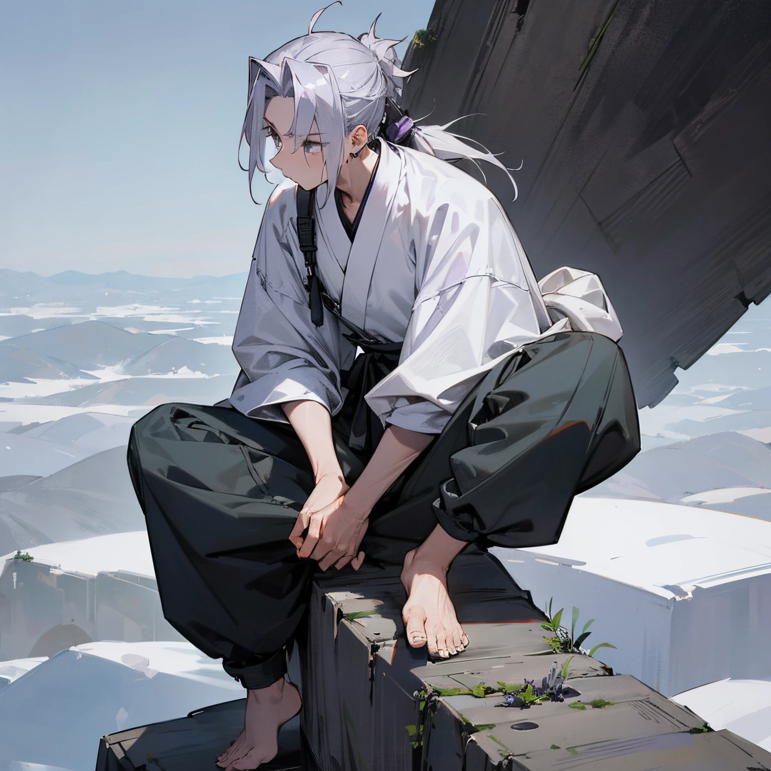 1male , Messy Spiky Greyish Lavender hair , pulled back into a low ponytail , Sitting in meditation Ontop of a mountain , Greyish white Haori with grey trim , black baggy pants