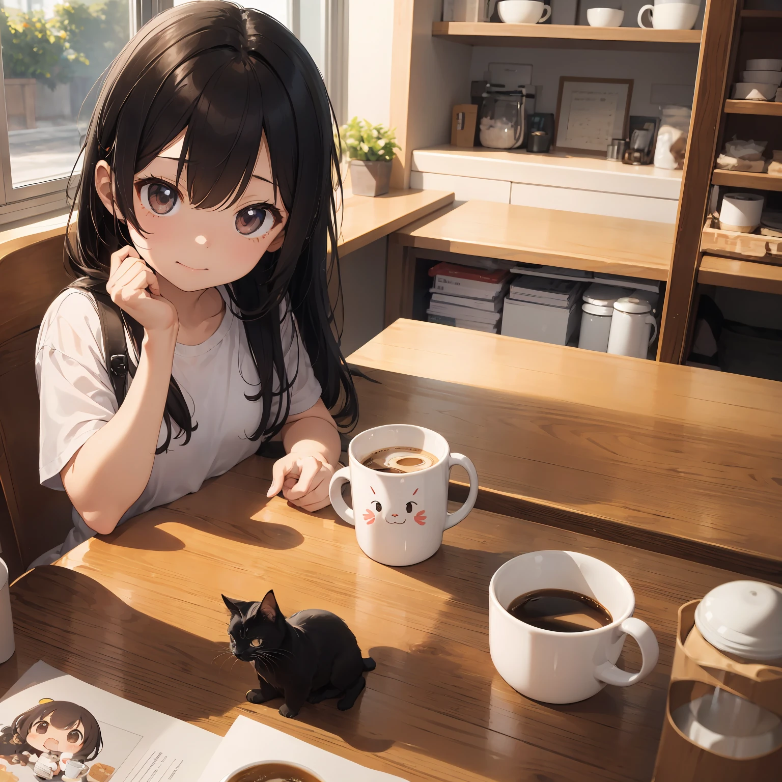 masterwork、hightquality、high-level image quality、Simple Illustration、Deformed、Chibi Chara、Adorable little girl、Feeding a cat a mug、sideways Facing、sitting on、Hold out the mug、Holding a mug in one hand and reaching out、Have a mug、coffee