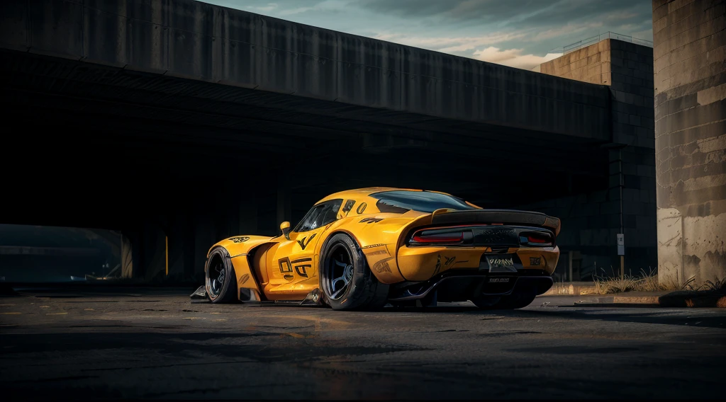 ((Dodge Viper GTS-R)), solo, ((JonSibal design works Body Kit)), ((rear wing spoiler)), blacked out, front bumper splitters, side skirts, flared wheel arches, ((ominous looking)), (yellow racing alloy rims), ((lowered racing suspension)), high performance racing tyres, outdoors((gloomy sunset)) Wide angle lens, cgsociety, artstation, cgi, photorealistic, cinematic lighting, offset noise, ground shadows and reflections, 4k, inspired by dystopian cyberpunk, HDR studio light, {{supreme aerodynamics for maximum downforce}}, 3ds max, corona renderer, perfectly coloured, jaw dropping, sensational, menacing look, headlights on, ((parked on a bridge)), 4k wallpaper, ((dusk scene)), sunset, high spec automotive concept art, reflective ground shadows, symmetrical design, CGI, moody and atmospheric, trending on artstation, behance contest winner, cgsociety, imaginative design and craftmanship, urban light night LUT, subsurface scattering, ray tracing, dramatic atmosphere