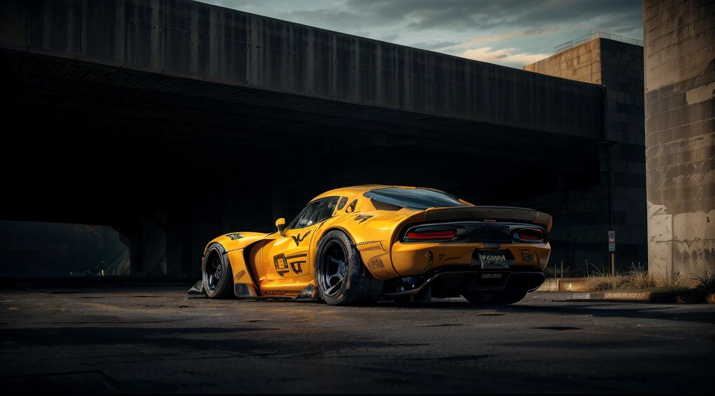 ((Dodge Viper GTS-R)), solo, ((JonSibal design works Body Kit)), ((rear wing spoiler)), blacked out, front bumper splitters, side skirts, flared wheel arches, ((ominous looking)), (yellow racing alloy rims), ((lowered racing suspension)), high performance racing tyres, outdoors((gloomy sunset)) Wide angle lens, cgsociety, artstation, cgi, photorealistic, cinematic lighting, offset noise, ground shadows and reflections, 4k, inspired by dystopian cyberpunk, HDR studio light, {{supreme aerodynamics for maximum downforce}}, 3ds max, corona renderer, perfectly coloured, jaw dropping, sensational, menacing look, headlights on, ((parked on a bridge)), 4k wallpaper, ((dusk scene)), sunset, high spec automotive concept art, reflective ground shadows, symmetrical design, CGI, moody and atmospheric, trending on artstation, behance contest winner, cgsociety, imaginative design and craftmanship, urban light night LUT, subsurface scattering, ray tracing, dramatic atmosphere