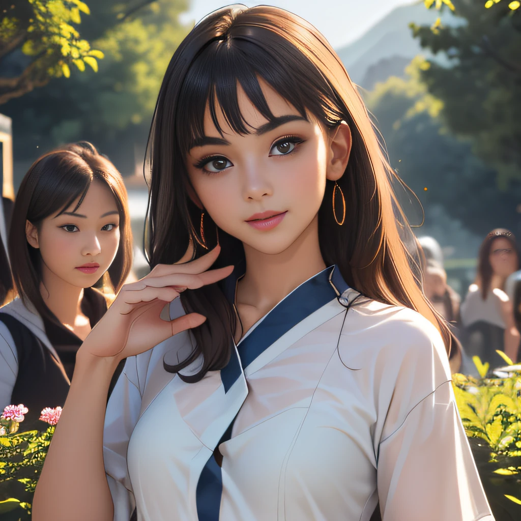 (Extremely detailed 8k wallpaper:2), (photo:2), (22 years old soigne Beautiful girl:2), (gives a lecture to friends:2), detailed (Face and eyes), (hyper realistic:1), (highly detailed:1), (epic realistic:1), rim light, (maximum details:1), cozy, (fullbody:1.3), (looking at viewer:2), (Woman's Attractive Qualities:2), (Attractive Woman:2), (Attractive:2), Smile, Intelligence, Empathy, Gracefulness, Sense of Style, Fitness, Grooming, Optimism, (Sensitivity:2), Sincerity, Romantic Gestures, Playfulness, Fashion Sense, (Sensuality:2), Charm, Modesty, Thoughtfulness, (Femininity:1), Flirtatiousness, Warmth, (Physical attractiveness:2), A beautiful smile, A love of life, strength and power, vulnerability, curiosity, wonder, love, (nature background:2), kawaii, waifu, Beautiful breasts, (attractive body:2), (Beautiful body:2), Beautiful pose, attractive pose, (Beautiful legs:1.0), (Beautiful clothes:1), (classic clothes:2), (elegant clothes:2), (European clothes:2), detailed clothes, (skirt:1), (blouse:1), (provocative pose)