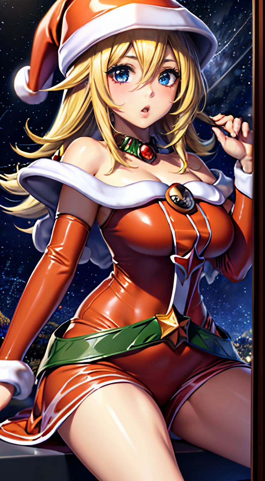 mejor calidad，tmasterpiece，ultimate resolution，Suave，extremadamente colorido，De color，dark magician gils，(Dressed in the translucent Santa Claus suit:1.4)，Medias de tirantes negras，Starrysky Android!,More detailed 8K.motor irreal:1.4,UHD,La mejor calidad:1.4, fotorrealista:1.4, textura de la piel:1.4, obra maestra:1.8,obra-prima, mejor calidad,objeto Objeto], (detailed face features:1.3),(cabello rubio largo:1.4),（Beautiful and detailed eye description）,(manos:1.4), ojos azules. Labios rojos. Cabello rubio. Fondo de nieves. Pose sejustiva y sensual. Toma cuerpo completo. Fondo de Navidad