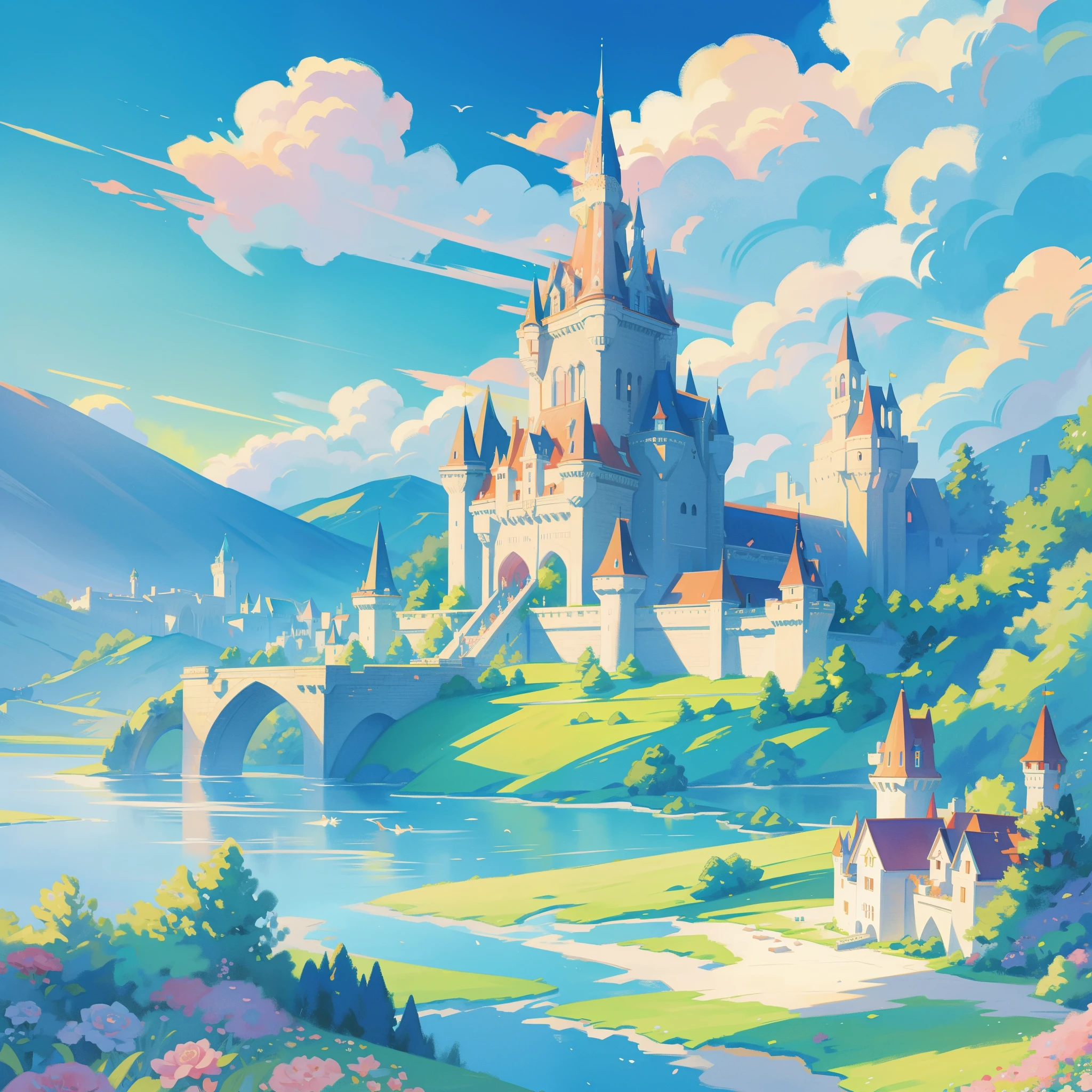 picture book illustration, watercolor storybook illustration, ((princess castle)), ((fairytale castle)), fairytale towers, clouds, vibrant pastel colors, dream, colorful, whimsical, magical, masterpiece, best quality, sharp focus, intricately detailed environment, fine detail, 8k resolution