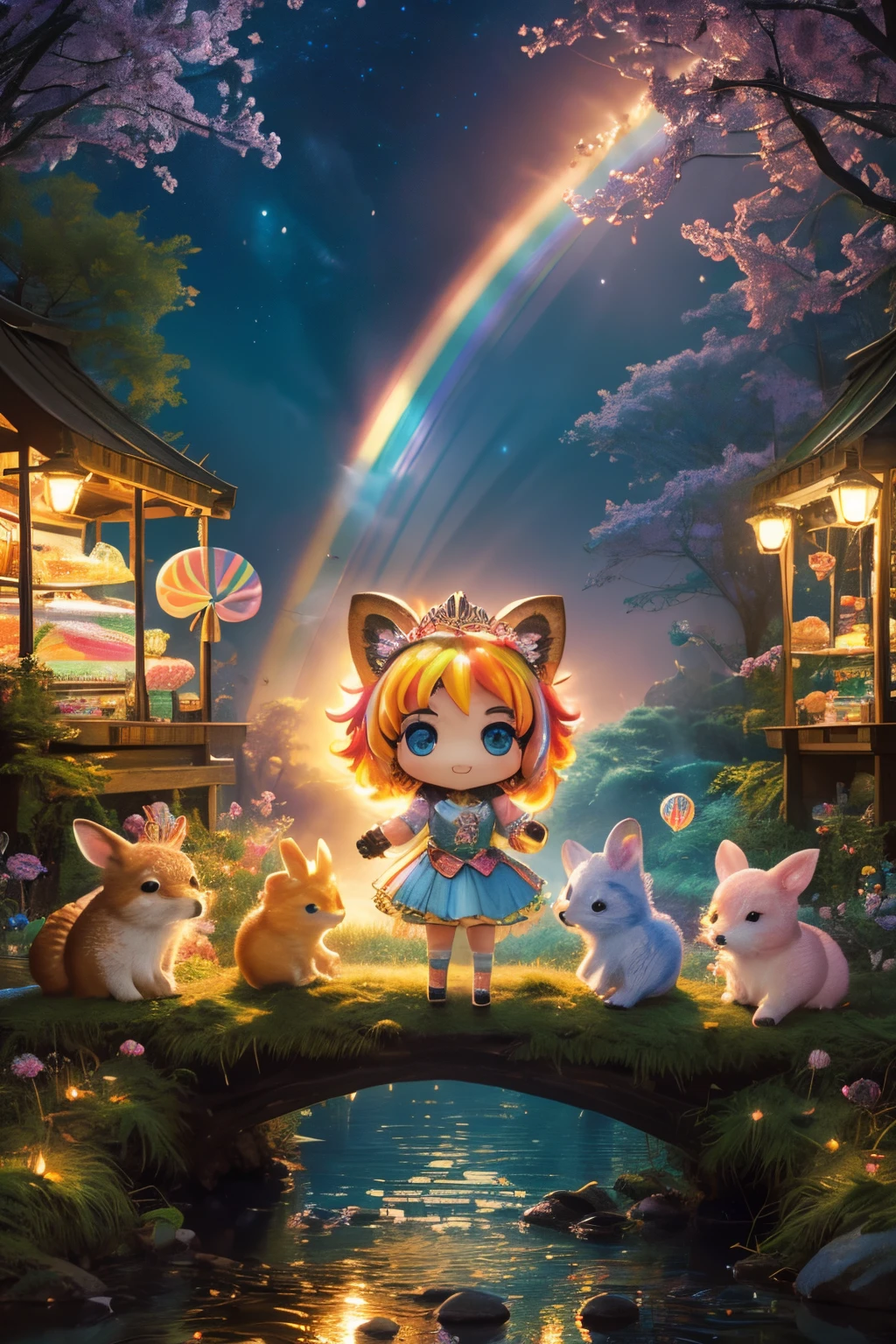 best quality,4k,8k,highres,masterpiece:1.2),ultra-detailed,(realistic,cute (chibi) princess in rainbow candy shop, highly detailed high contrast hd masterpiece of best quality in high resolutionphotorealistic,photo-realistic:1.37),Enchanted forest, illuminated by the soft moonlight,playful foxes,graceful fawns,adorable cubs,wise owls,cute bunnies,prickly hedgehogs gather under the celestial beauty,portraits,landscape,photography,vivid colors,warm tones,soft lighting,peaceful ambiance