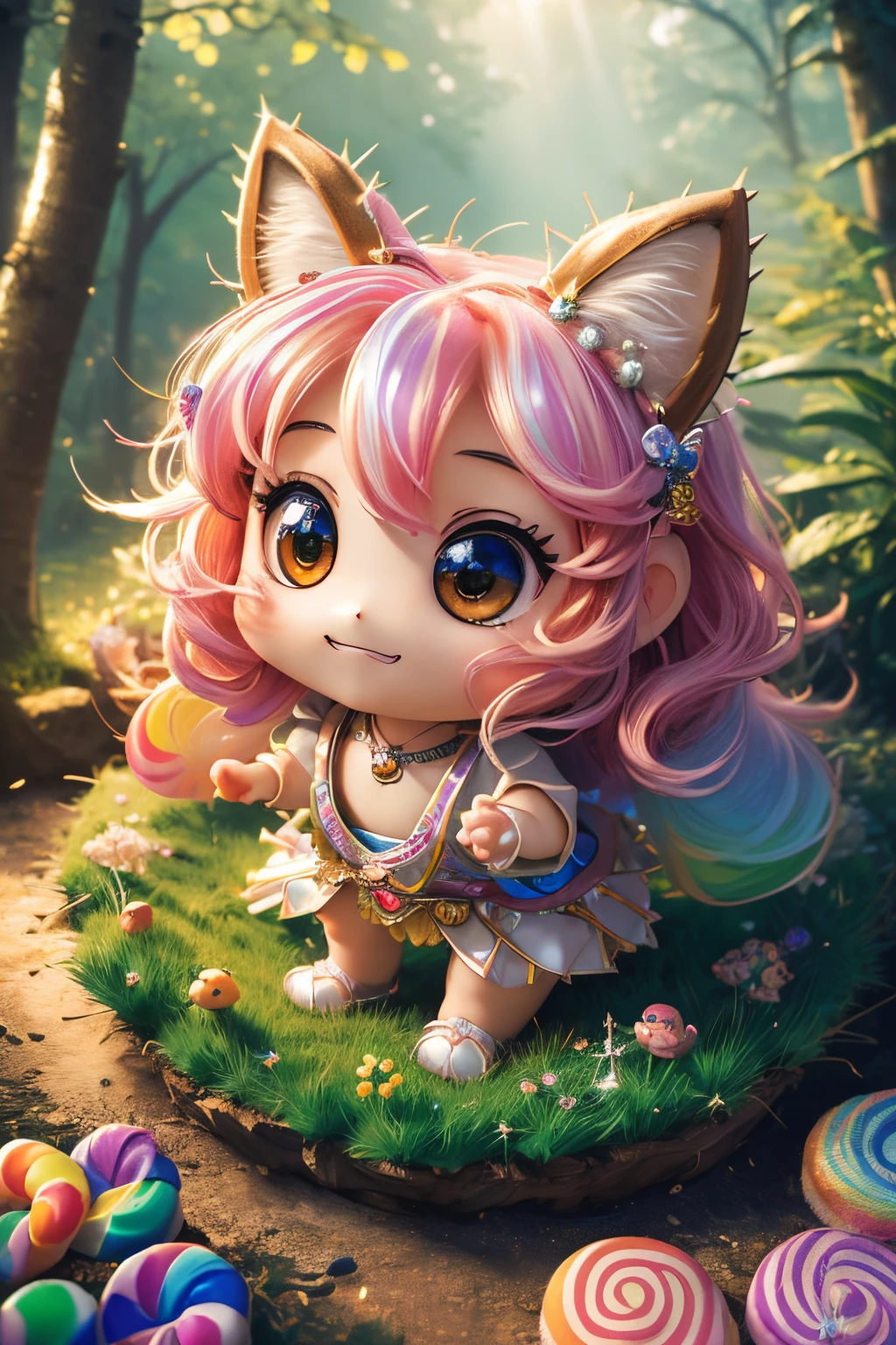 best quality,4k,8k,highres,masterpiece:1.2),ultra-detailed,(realistic,cute (chibi) princess in rainbow candy shop, highly detailed high contrast hd masterpiece of best quality in high resolutionphotorealistic,photo-realistic:1.37),Enchanted forest, illuminated by the soft moonlight,playful foxes,graceful fawns,adorable cubs,wise owls,cute bunnies,prickly hedgehogs gather under the celestial beauty,portraits,landscape,photography,vivid colors,warm tones,soft lighting,peaceful ambiance