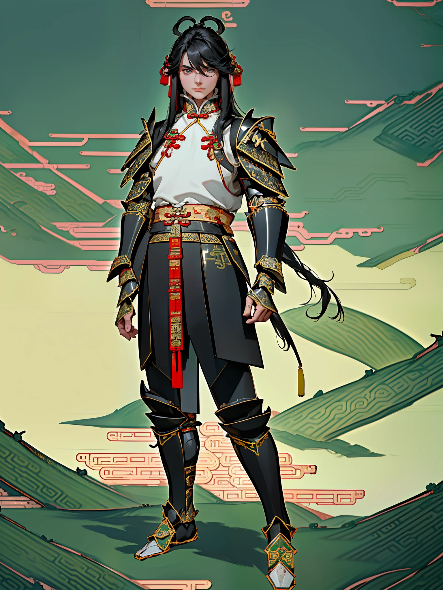 (High resolution, Pixels are perfect, luxurious illustration), (hyper quality, masutepiece, Ethereal: 1.4), (Solo:1.4), (full body Esbian), (((Black long-haired))), ((shoun)), Black eyes, pale skin, (((((((chinese armor))))))),  (Green Armor),  Extremely detailed , Photorealistic , Very deep eyes, Perfect eyes,