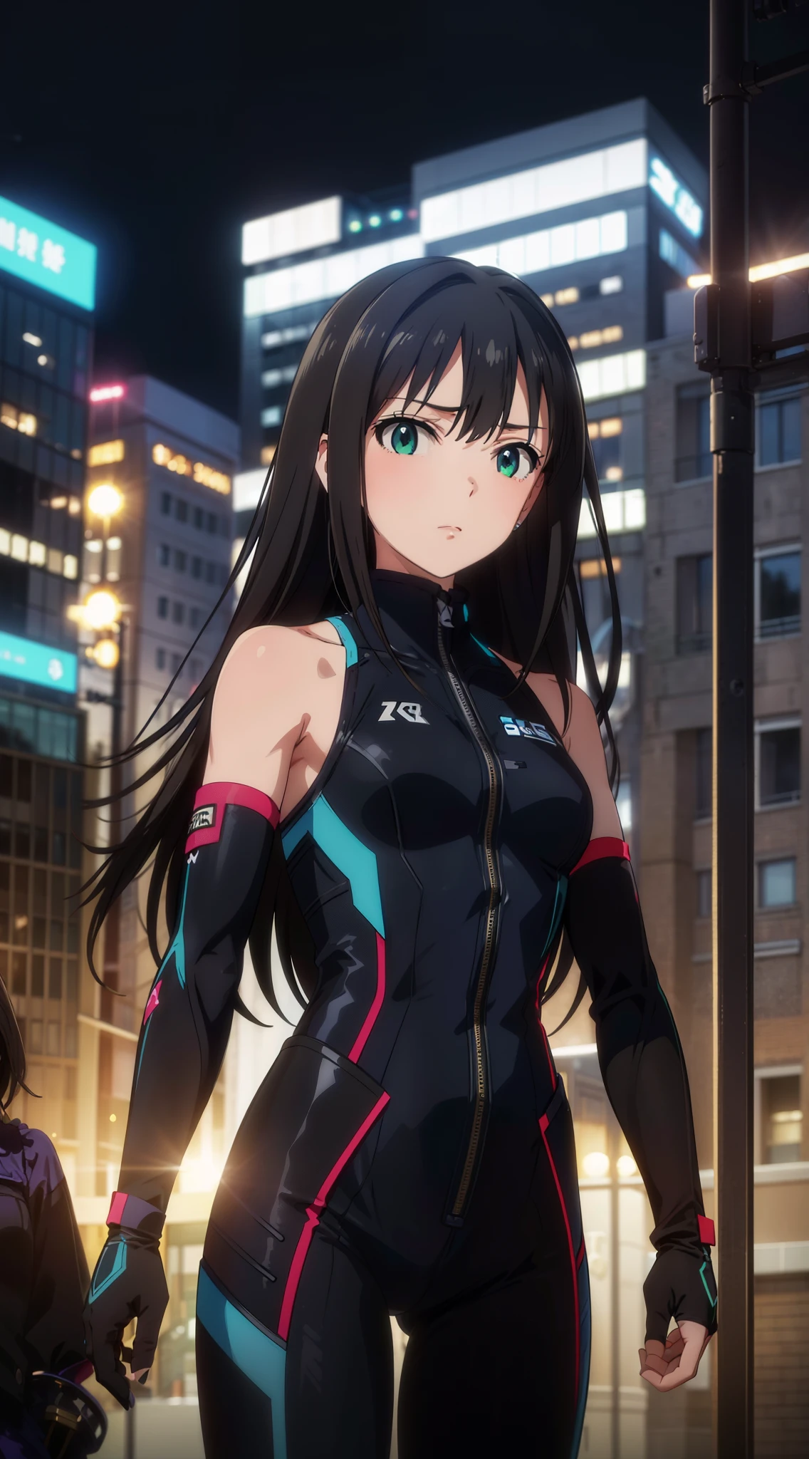 (​masterpiece、top-quality、in 8K、hight resolution:1.2)、Alone、1girl in、 Rin Shibuya、taut clothes、cowboy  shot、Look at viewers、Hero Suit、body suit、Trained abs、Trained biceps、(Buildings:1.2)、nighttime scene