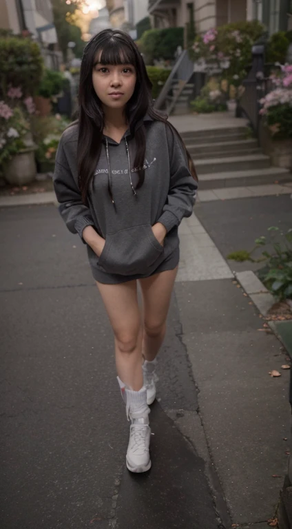 ×NSFW　(A dark-haired、bangss、Lovely eyes、Well-formed face、A refreshing smile。Height 162cm、Wearing a short logo hoodie and walking through the downtown area at night、Wearing only socks and shoes on the bare lower body、Pubic hair and female genitalia are visible、FULL BODYSHOT、Highly detailed and realistic CG portrait of a G-cup college girl named RAM、 As if exposed to the public, As in the photo、There is proportional pubic hair and genitals、No deformation。Low angle from the front、Full body like。Waiting for checkout。(((pubick hair)))(((japanes　Adorable face　stature１６２centimeter　g-cup　Wet black hair　bangss　hi-school girl (Dark pubic hair)