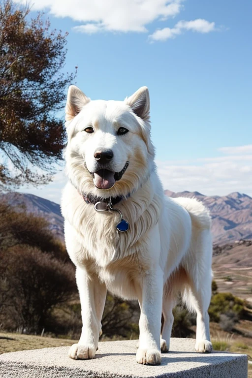 cree un paisaje con un perro de color blanco