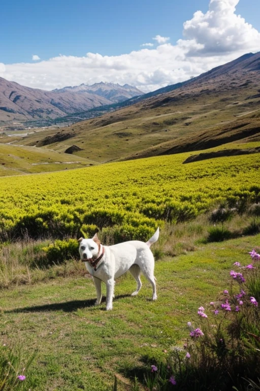 cree un paisaje con un perro de color blanco