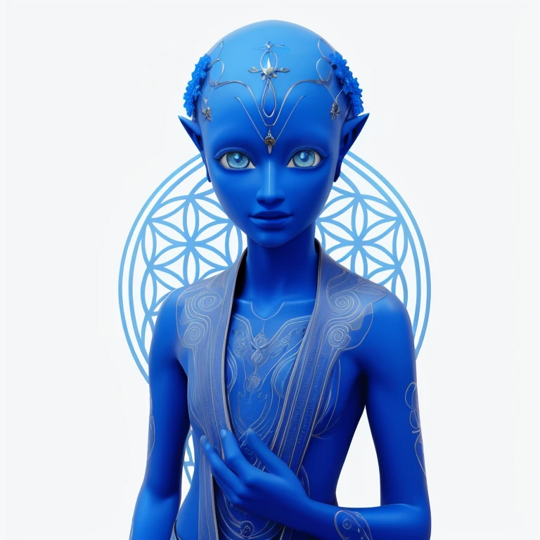 there is a blue alien statue blue eyes with no hair,com uma flor da vida nela, elfo com pele azul, Djinn human hybrid, djinn azul, emanando com aura azul, elfo azul, azul realista 3 d render, aura azul, belas fotos avatar, com pele azul, Corpo de Deus Hindu Ciborgue, motor unreal face azul, a stunning young ethereal figure, elfo de pele azul