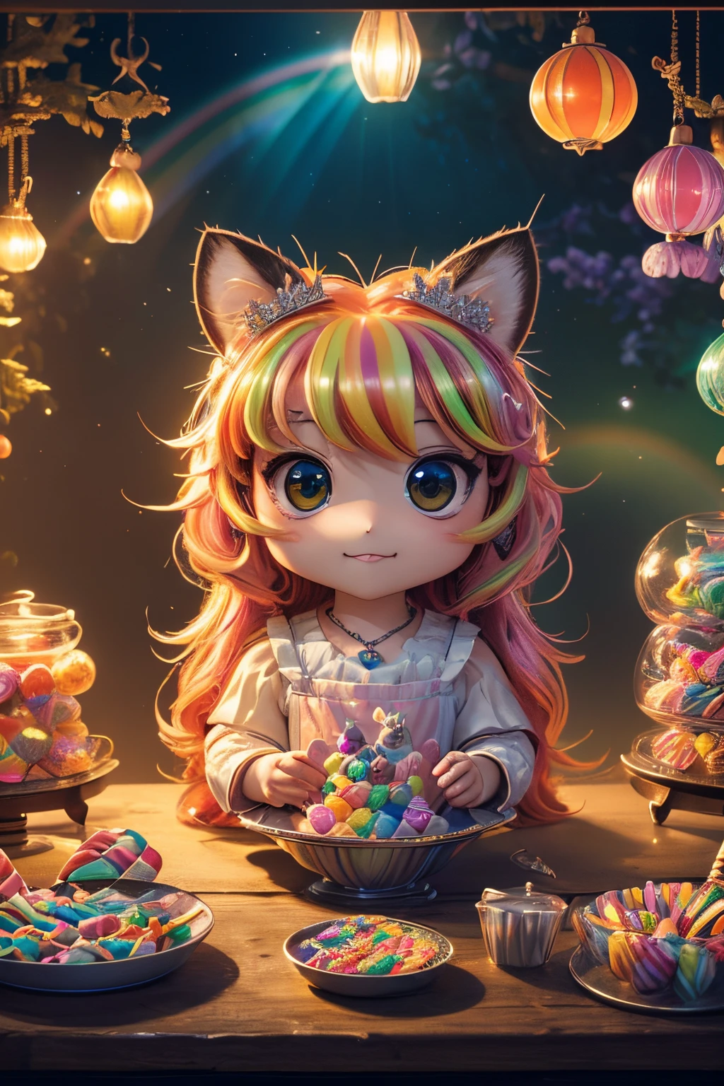 best quality,4k,8k,highres,masterpiece:1.2),ultra-detailed,(realistic,cute (chibi) princess in rainbow candy shop, highly detailed high contrast hd masterpiece of best quality in high resolutionphotorealistic,photo-realistic:1.37),Enchanted forest, illuminated by the soft moonlight,playful foxes,graceful fawns,adorable cubs,wise owls,cute bunnies,prickly hedgehogs gather under the celestial beauty,portraits,landscape,photography,vivid colors,warm tones,soft lighting,peaceful ambiance