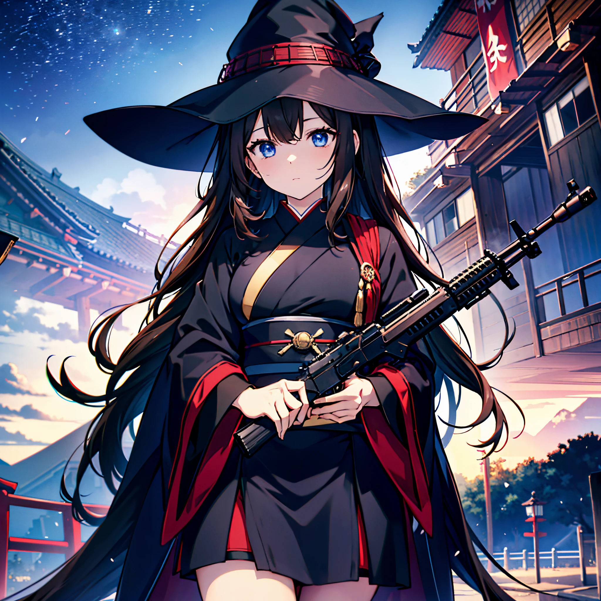 Tokyo at midnight、Two adult women holding assault rifles、One has dark brown hair and wears a large black witch hat with garnet accessories.、The other wears a large black witch hat with sapphire accessories.、blue eyes、Two-dimensional illustration、Japan Anime、drawn by Japanese ilastrator、high-level image quality、4K picture quality、High Quality、hight resolution、5 million pixels、high détails、beatiful backgrounds