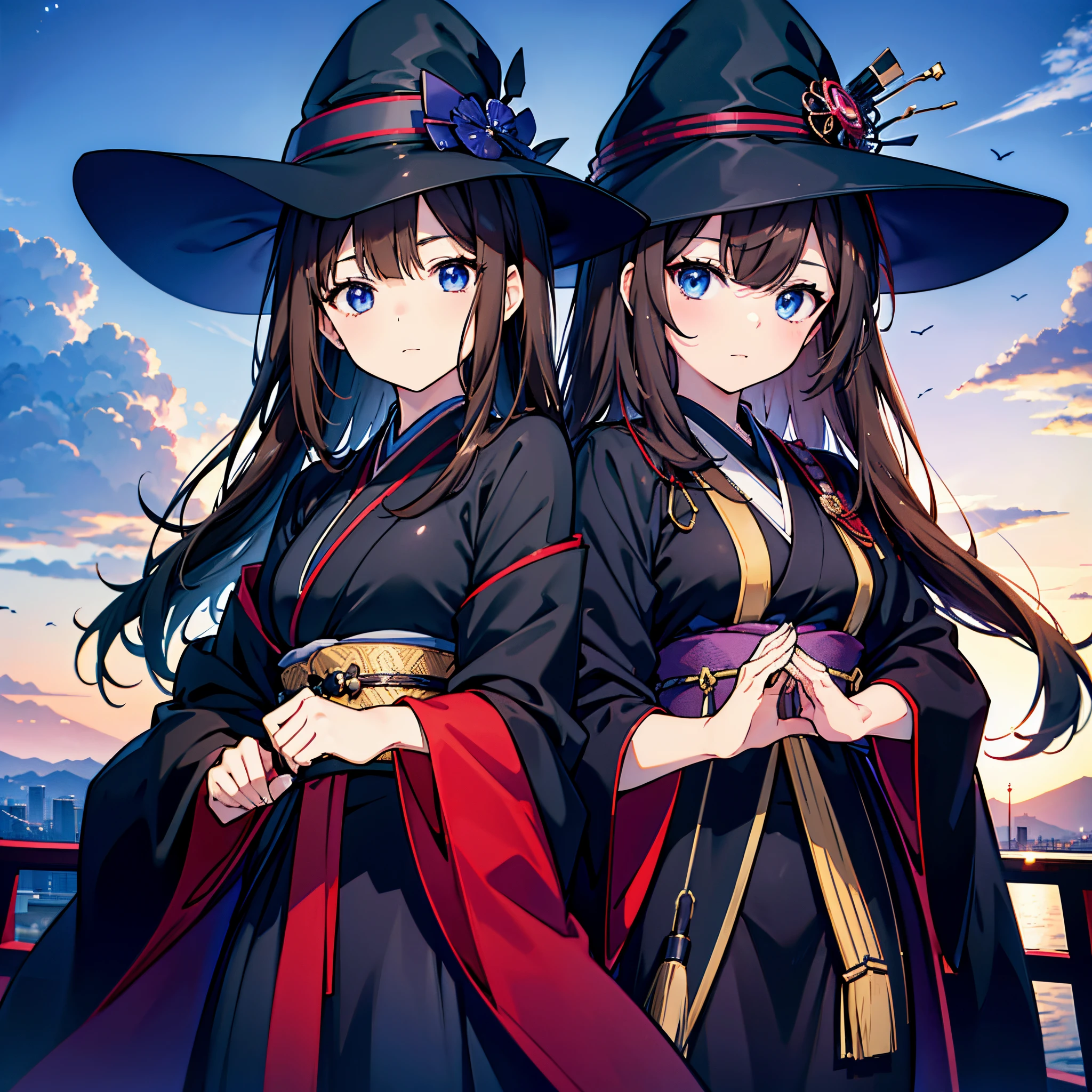 Tokyo at midnight、Two adult women holding assault rifles、One has dark brown hair and wears a large black witch hat with garnet accessories.、The other wears a large black witch hat with sapphire accessories.、blue eyes、Two-dimensional illustration、Japan Anime、drawn by Japanese ilastrator、high-level image quality、4K picture quality、High Quality、hight resolution、5 million pixels、high détails、beatiful backgrounds
