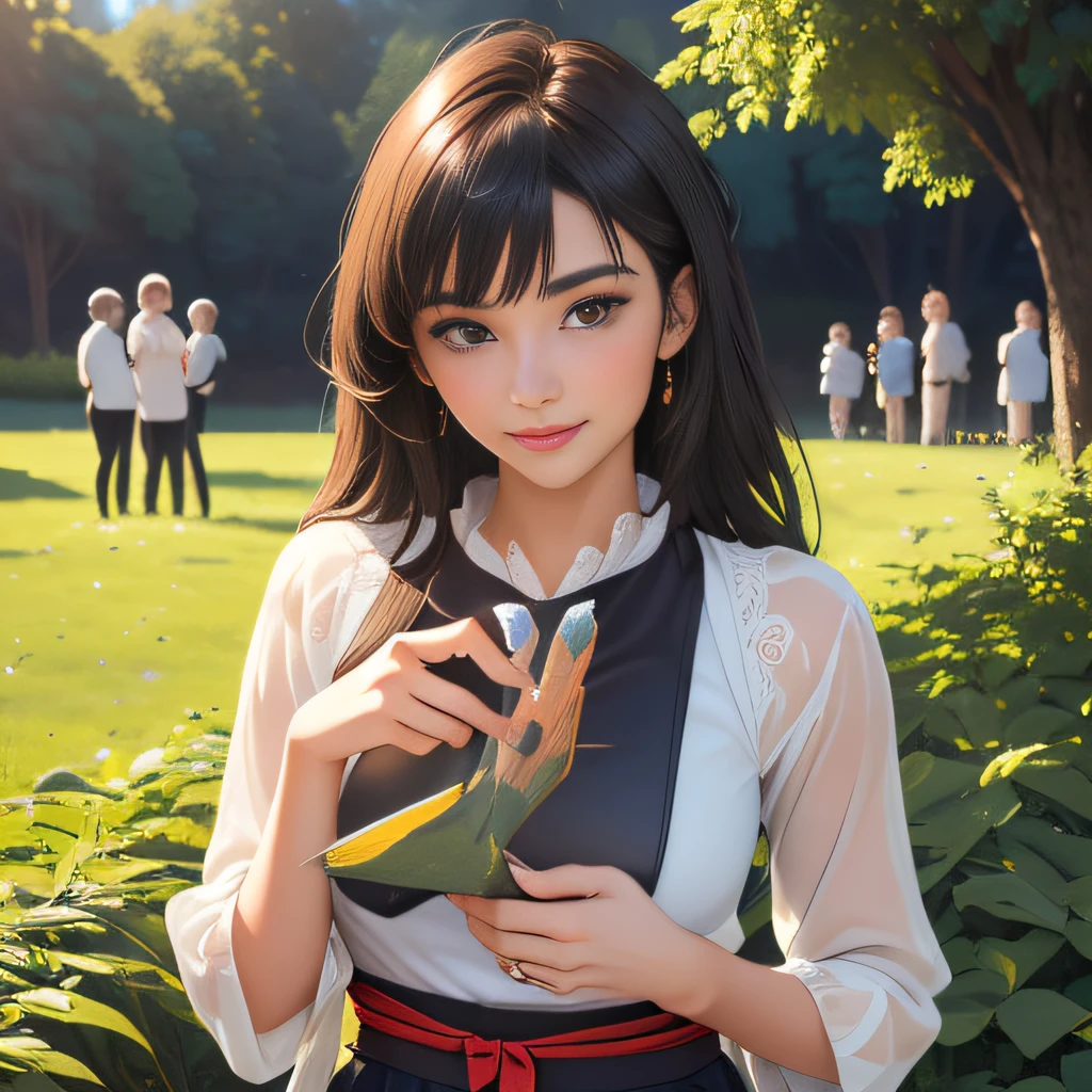 (Extremely detailed 8k wallpaper:2), (photo:2), (22 years old soigne Beautiful girl:2), (gives a lecture to friends:2), detailed (Face and eyes), (hyper realistic:1), (highly detailed:1), (epic realistic:1), rim light, (maximum details:1), cozy, (fullbody:1.3), (looking at viewer:2), (Woman's Attractive Qualities:2), (Attractive Woman:2), (Attractive:2), Smile, Intelligence, Empathy, Gracefulness, Sense of Style, Fitness, Grooming, Optimism, (Sensitivity:2), Sincerity, Romantic Gestures, Playfulness, Fashion Sense, (Sensuality:2), Charm, Modesty, Thoughtfulness, (Femininity:1), Flirtatiousness, Warmth, (Physical attractiveness:2), A beautiful smile, A love of life, strength and power, vulnerability, curiosity, wonder, love, (nature background:2), kawaii, waifu, Beautiful breasts, (attractive body:2), (Beautiful body:2), Beautiful pose, attractive pose, (Beautiful legs:1.0), (Beautiful clothes:1), (classic clothes:2), (elegant clothes:2), (European clothes:2), detailed clothes, (skirt:1), (blouse:1), (provocative pose)