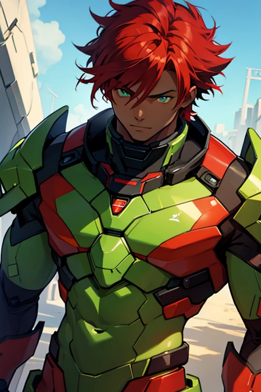dark skin man, green eyes, red hair, glowing mecha outfit, abs