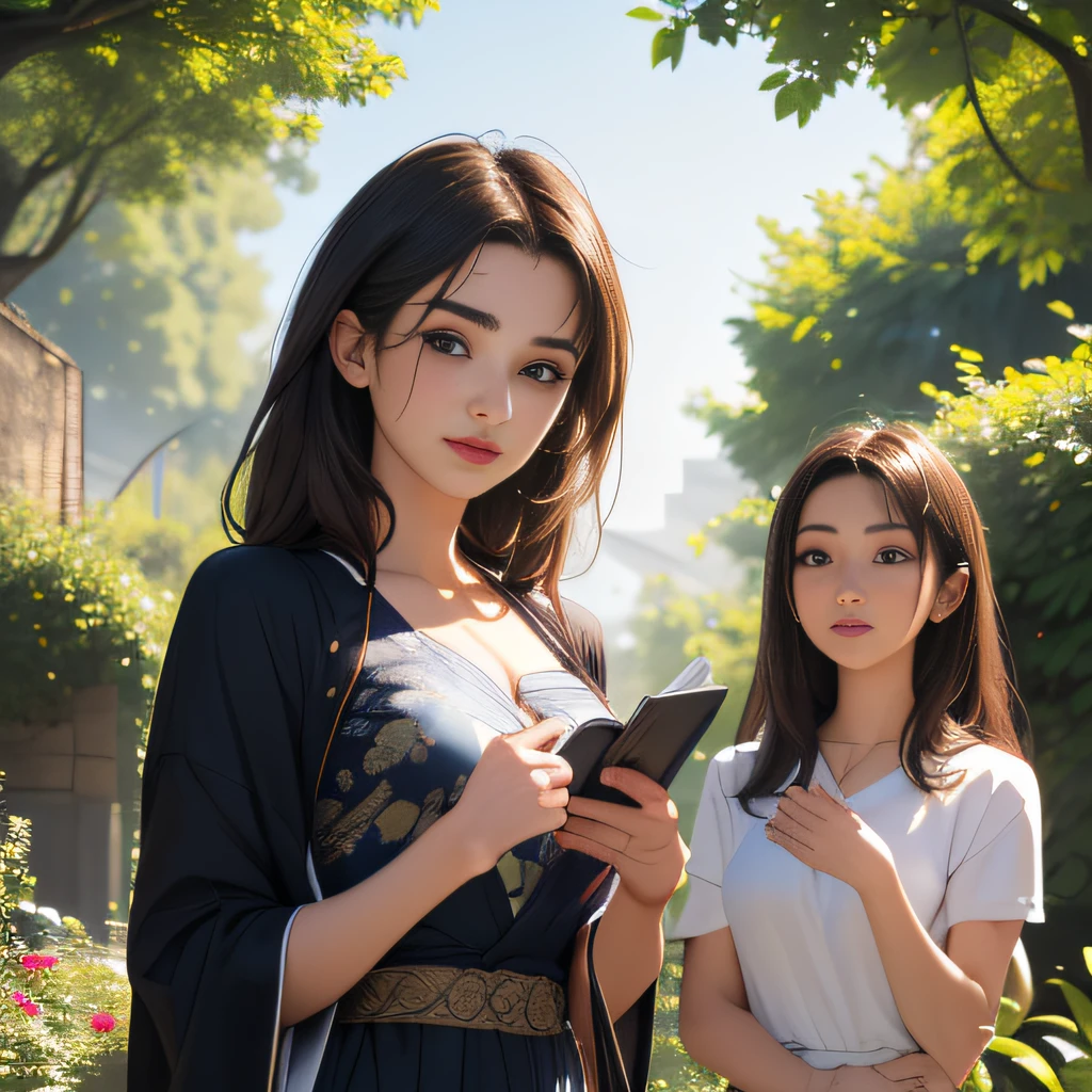 (Extremely detailed 8k wallpaper:2), (photo:2), (22 years old soigne Beautiful girl:2), (gives a lecture to friends:2), detailed (Face and eyes), (hyper realistic:1), (highly detailed:1), (epic realistic:1), rim light, (maximum details:1), cozy, (fullbody:1.3), (looking at viewer:2), (Woman's Attractive Qualities:2), (Attractive Woman:2), (Attractive:2), Smile, Intelligence, Empathy, Gracefulness, Sense of Style, Fitness, Grooming, Optimism, (Sensitivity:2), Sincerity, Romantic Gestures, Playfulness, Fashion Sense, (Sensuality:2), Charm, Modesty, Thoughtfulness, (Femininity:1), Flirtatiousness, Warmth, (Physical attractiveness:2), A beautiful smile, A love of life, strength and power, vulnerability, curiosity, wonder, love, (nature background:2), kawaii, waifu, Beautiful breasts, (attractive body:2), (Beautiful body:2), Beautiful pose, attractive pose, (Beautiful legs:1.0), (Beautiful clothes:1), (classic clothes:2), (elegant clothes:2), (European clothes:2), detailed clothes, (skirt:1), (blouse:1), (provocative pose)