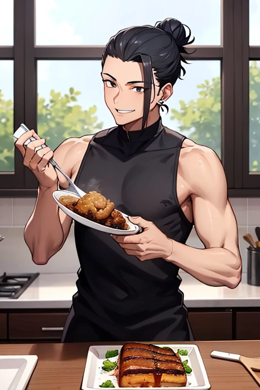 1 man, getou, standing, cooking, cutting food, black shirt, black shorts, broad shoulders, height of 1 meter and 90 centimeters, muscular body, hair bun, hair back, black ear piercing, brown eyes, smiling , masterpiece, great quality