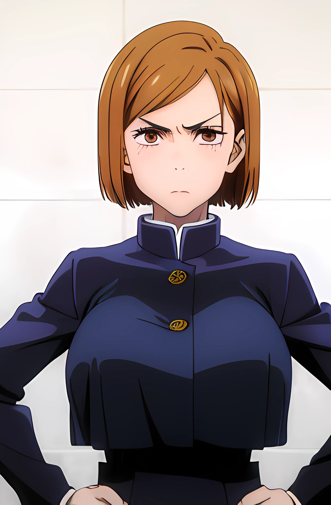 (masterpiece), (best quality), (ultra-detailed), (best illustration), (best shadow), (absurdres), nobarakugisakinova, short hair, orange hair, ((brown eyes)), kugisaki nobara, school uniform, 1girl, solo, jacket, bangs, gakuran, closed mouth, long sleeves, looking at viewer, upper body, (((large breasts))), ((blushing)), Hourglass body, thin waist, very thin waist, hands on hips, angry, front view,