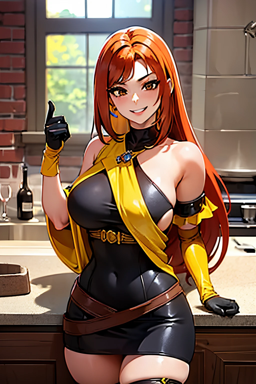 woman, ( pretty face, ginger hair, long hair, bright black eyes) black dress, mage, exposed shoulders, gloves, diadem, large thighs, light armor, mage dress, yellow cloth, stocking, smiling, yellow details on dress, STW,