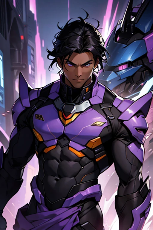 dark skin man, purple eyes, black hair, handsome, pretty, highly detailed, cinematic, epic, mecha outfit, abs