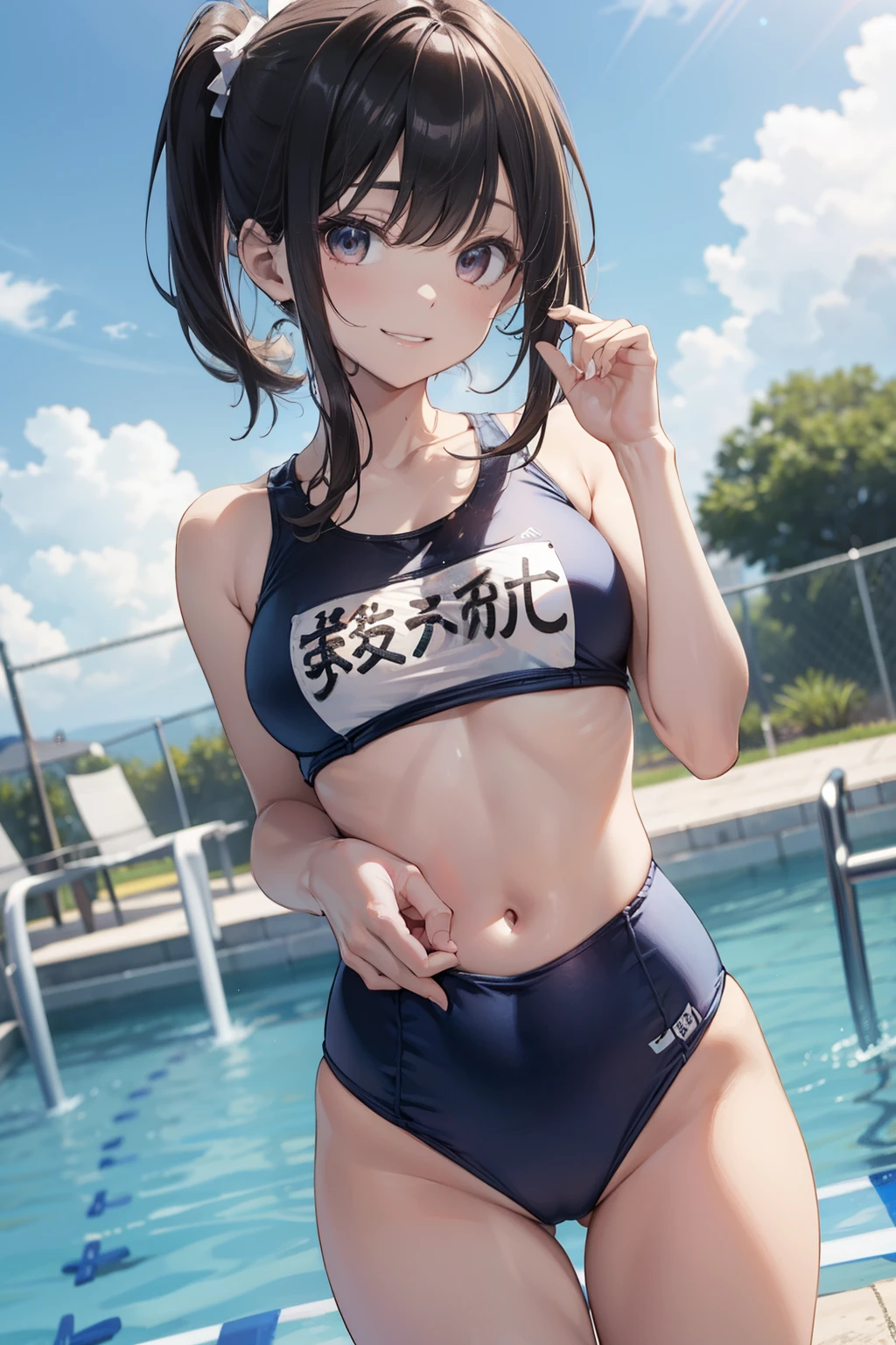 qualidade superior、membros completos、dedos completos、Beleza esbelta、sorriso、Wearing a school swimsuit、Incline-se para frente e olhe para mim、Put your hands on your buttocks、Arrancando o cabelo