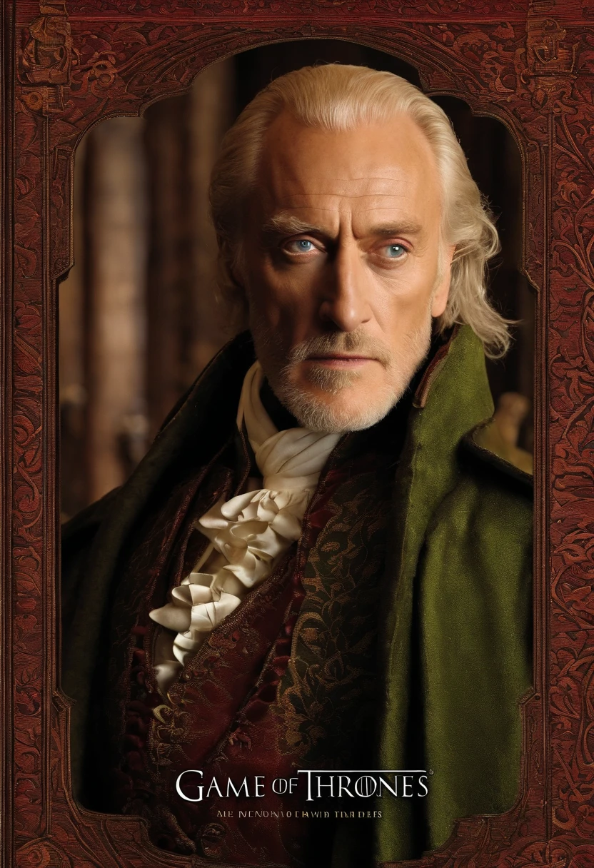 A luxurious, leather-bound ledger filled with meticulous financial records and investment portfolios,Game of Thrones,Tywin is tall with receding blonde/grey hair, green eyes, grim expression, wears red and gold, famously portrayed by Charles Dance, male