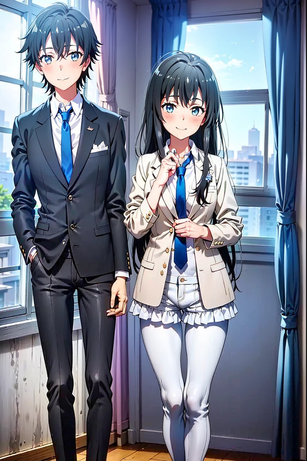 Yukinoshita Yukino wears a tuxedo coat, 1girl, Snafu anime, Female Butler, Elegant blue evening tie, collared shirt, bloomers, Black tail coat, Detailed background of the room, eyes blue, closed mouth, Smileing, Very sexy girl in suit and tie standing by the window, 1girl, 独奏, necktie, Black hair, eyes blue, long hair, smile, jacket, looking at the scenes, shirt, bloomers, blue necktie, collared shirt, white pants, white shirt, indoors, explosions, long-sleeved, closed mouth, window, black jacket, blush, cowboy shot, ceremonial, Yukinoshita Yukino suit, A woman in a black suit and blue tie is standing next to a windowsill, 1girl, 独奏, necktie, eyes blue, jacket