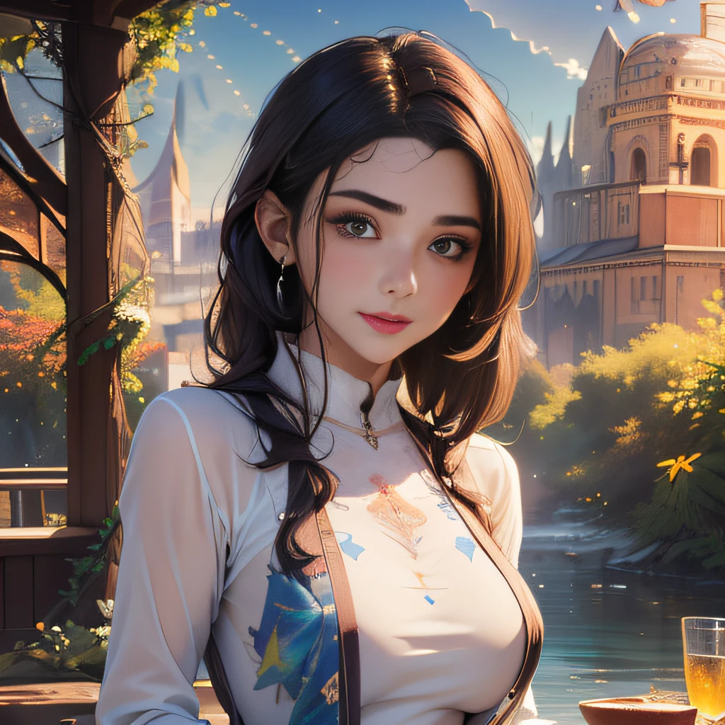 (Extremely detailed 8k wallpaper:2), (photo:2), (22 years old soigne Beautiful girl:2), (gives a lecture to friends:2), detailed (Face and eyes), (hyper realistic:1), (highly detailed:1), (epic realistic:1), rim light, (maximum details:1), cozy, (fullbody:1.3), (looking at viewer:2), (Woman's Attractive Qualities:2), (Attractive Woman:2), (Attractive:2), Smile, Intelligence, Empathy, Gracefulness, Sense of Style, Fitness, Grooming, Optimism, (Sensitivity:2), Sincerity, Romantic Gestures, Playfulness, Fashion Sense, (Sensuality:2), Charm, Modesty, Thoughtfulness, (Femininity:1), Flirtatiousness, Warmth, (Physical attractiveness:2), A beautiful smile, A love of life, strength and power, vulnerability, curiosity, wonder, love, (nature background:2), kawaii, waifu, Beautiful breasts, (attractive body:2), (Beautiful body:2), Beautiful pose, attractive pose, (Beautiful legs:1.0), (Beautiful clothes:1), (classic clothes:2), (elegant clothes:2), (European clothes:2), detailed clothes, (skirt:1), (blouse:1), (provocative pose)