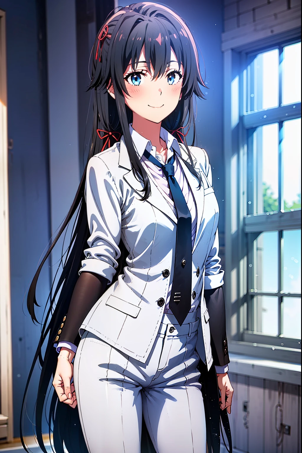 Yukinoshita Yukino wears a tuxedo coat, 1girl, Snafu anime, Female Butler, Elegant blue evening tie, collared shirt, bloomers, Black tail coat, Detailed background of the room, eyes blue, closed mouth, Smileing, Very sexy girl in suit and tie standing by the window, 1girl, 独奏, necktie, Black hair, eyes blue, long hair, smile, jacket, looking at the scenes, shirt, bloomers, blue necktie, collared shirt, white pants, white shirt, indoors, explosions, long-sleeved, closed mouth, window, black jacket, blush, cowboy shot, ceremonial, Yukinoshita Yukino suit, A woman in a black suit and blue tie is standing next to a windowsill, 1girl, 独奏, necktie, eyes blue, jacket