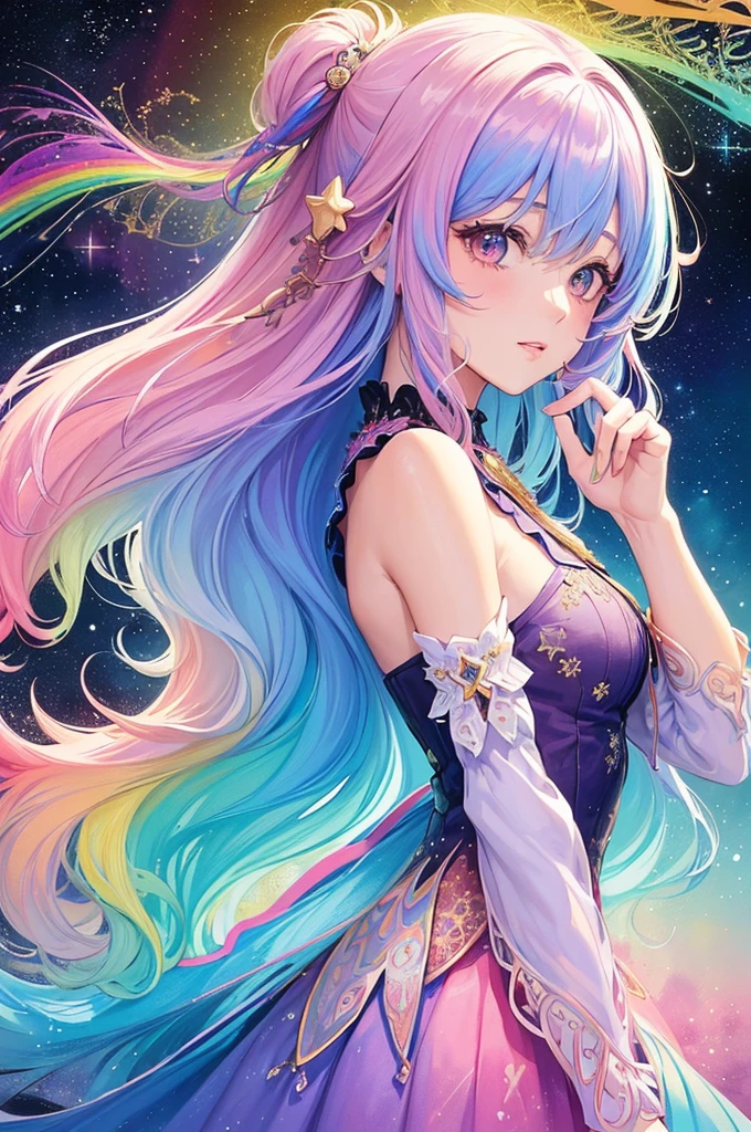 (masterpiece, top quality, best quality,watercolor (medium),official art, beautiful and aesthetic:1.2),(1girl:1.3), (fractal art:1.3),upper body, from side, looking at viewer,patterns,(rainbow color Hair,colorful hair,half blue and half pink hair:1.2),water,liquid, cloud,colorful, starry,stars,