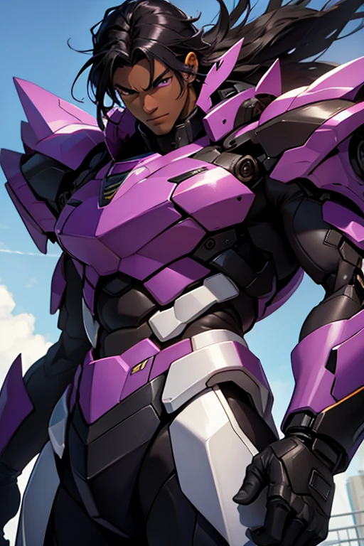 dark skin man, purple eyes, black hair,  cute, abs, handsome, pretty face, highly detailed, cinematic, epic, mecha outfit