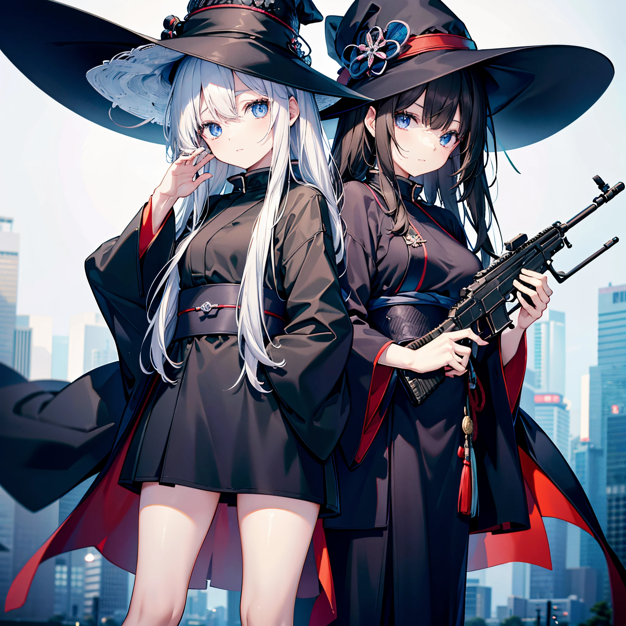 Tokyo at midnight、Two adult women holding assault rifles、One has white hair and wears a large black witch hat with sapphire accessories.、The other has dark brown hair and wears a large black witch hat with garnet accessories.、blue eyes、black coat with open front、White solid color T-shirt、Two-dimensional illustration、Japan Anime、drawn by Japanese ilastrator、high-level image quality、4K picture quality、High Quality、hight resolution、5 million pixels、high détails、beatiful backgrounds