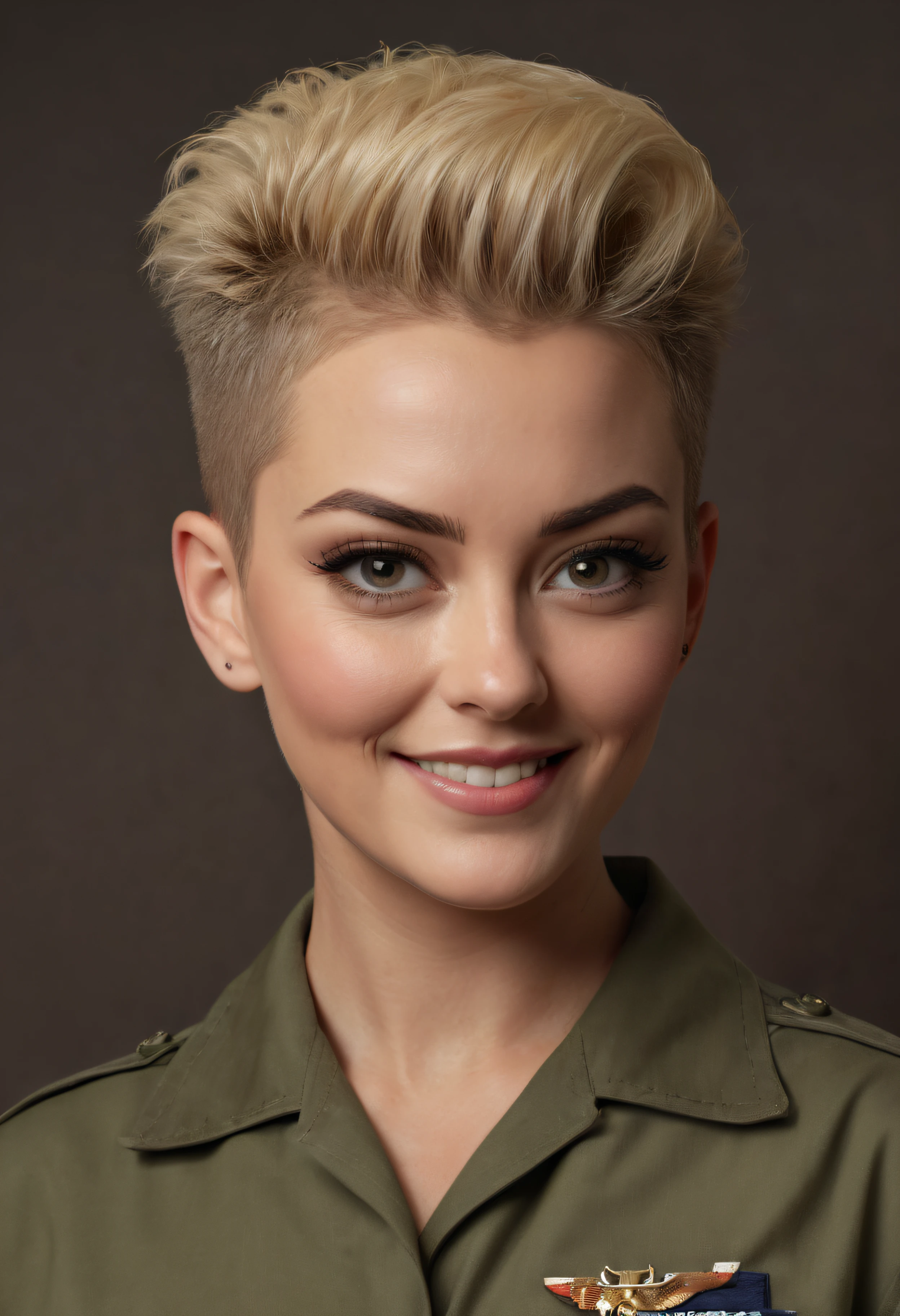 Hilary Twazzlesnort with great big, giant oversized tits, extremely short, buzz-cut, military style flat-top haircut, blonde hair tapered on the sides, happy face, a dark, gradated brown wall in the background with a spotlight affect, Professional quality studio photograph, Full Body image, 4k, 8k, 32k UHD, Hyper realistic, extremely colorful, vibrant, photorealistic, realistic, sharp, highly detailed, professional quality, beautiful, awesome, majestic, superb, trending on artstation, pleasing, lovely, Cinematic, gorgeous, Real, Life like, Highly detailed, sharp, focused, fantastic, trending on art station