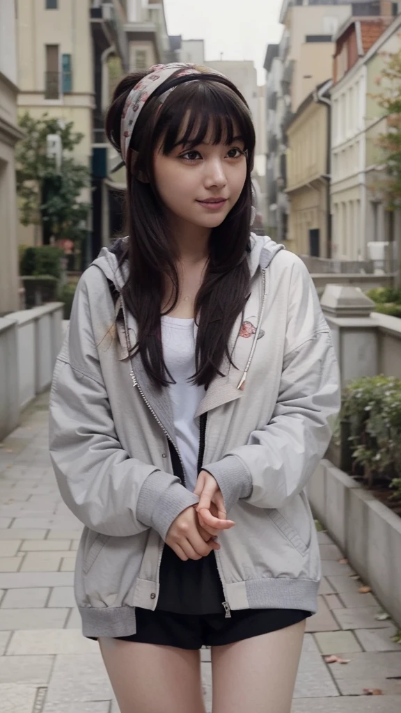 beautiful, masterpiece, best quality, extremely detailed face, perfect lighting, 1girl, hinata, hyuuga hinata, bangs, empty_eyes, black_hair, blunt_bangs, grey eyes, grey sleeves, headband_around_neck, highres, hime cut, hooded_cardigan, long sleeves, looking_at_viewer, petals, smile, solo, straight hair, upper body, hooded jacket, perfect body, 8k