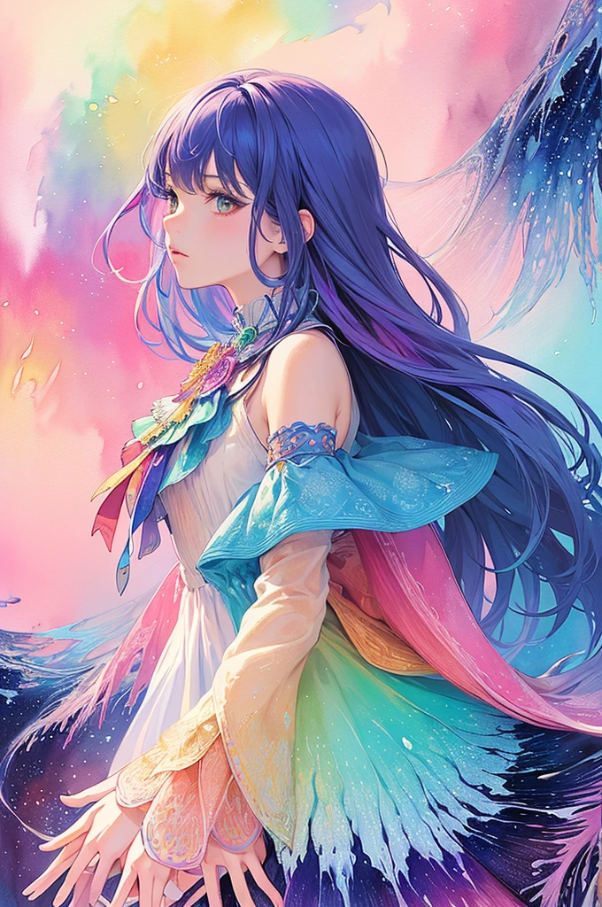 (masterpiece, top quality, best quality,watercolor (medium),official art, beautiful and aesthetic:1.2),(1girl:1.3), (fractal art:1.3),upper body, from side, looking at viewer,patterns,(rainbow color Hair,colorful hair,half blue and half pink hair:1.2),water,liquid, cloud,colorful, starry,stars,