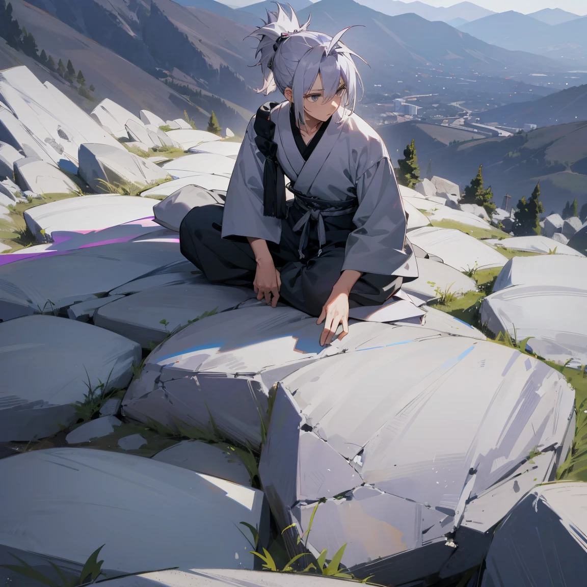 1male , Messy Spiky Greyish Lavender hair , pulled back into a low ponytail , Sitting in meditation Ontop of a mountain , Greyish white Haori with grey trim , black baggy pants