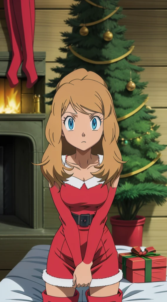 masterpiece, best quality, 1 solo girl, dark blonde hair, blue eyes, medium hair, wavy hair, Christmas ornaments, medium breasts, mature body and face, red christmas dress, christmas, christmas light, christmas tree, red gloves, red santa skirt, holding gift, red bra, red panty, leg up, cowboy shots, sexy pose, dakimakura, detailed body, face, and eyes, sharp focus, vibrant, creative, dynamic, high definition, high resolution, 8k, (Upscale: R-ESRGAN 4x+ Anime6B), (Image enchance:4x), voluptuous body