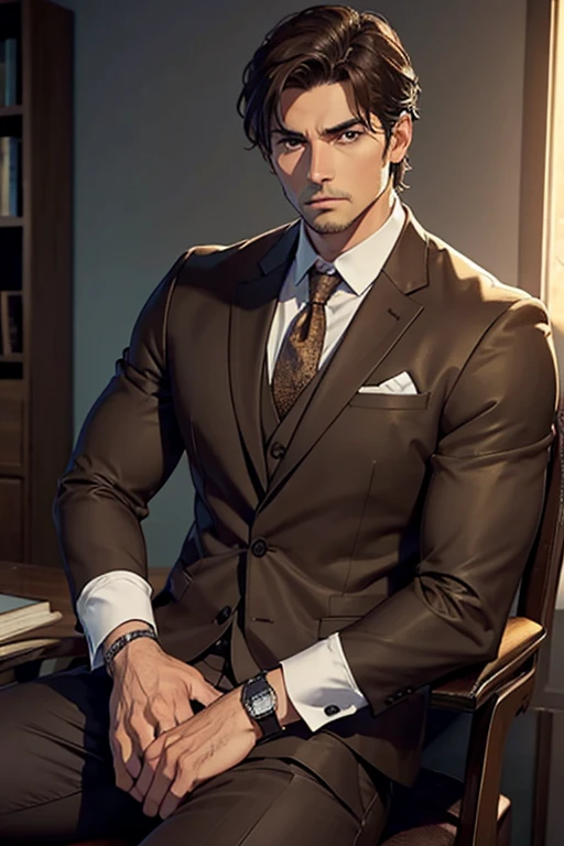 Hombre adulto, forty years, alto, brown eyes, brown hair, corto y ondulado, traje, musculoso, masculino, stern expression