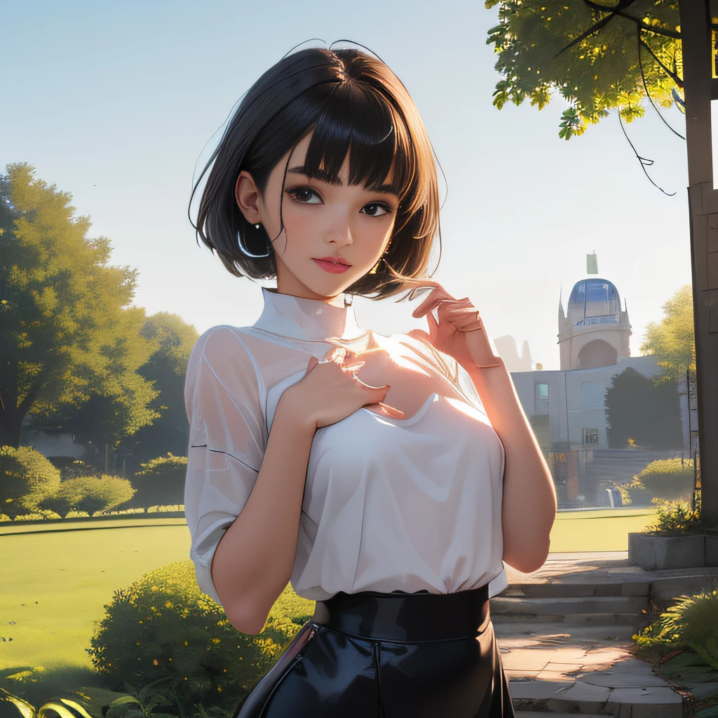 (Sit on a branch),A woman of outstanding figure,Dressed in a beautiful miniskirt,Leaking out of both shoulders,Transparent body,fresh flowers,jewely,Amazing work,Vitreous luster,clean backdrop,High gloss