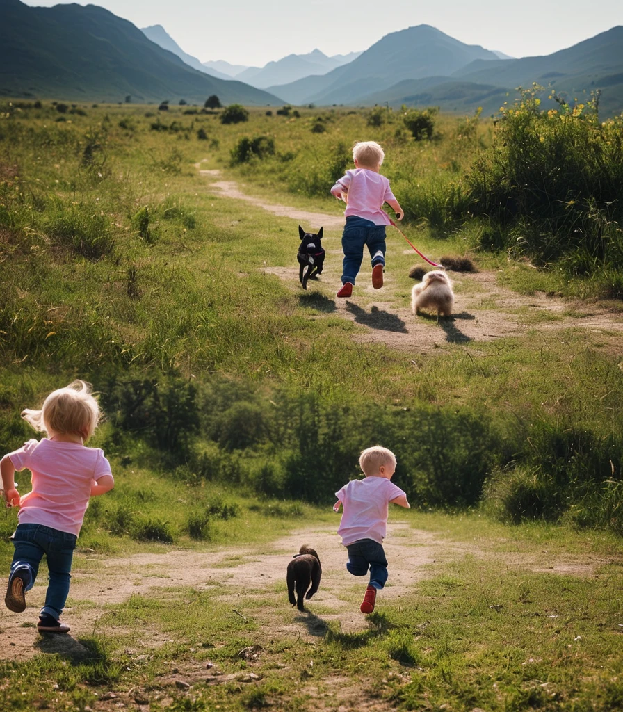 "Generate a high-quality image in a cinematic style depicting a child running joyfully with their dog. Ensure advanced details in capturing the child's movement, the fur texture of the dog, and the surrounding environment. Emphasize realistic lighting, shadows, and textures to create a visually compelling and immersive composition. Convey the sense of pure joy and the bond between the child and the dog, making it a heartwarming and memorable cinematic scene."