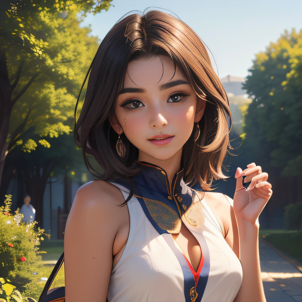 (Extremely detailed 8k wallpaper:2), (photo:2), (22 years old soigne Beautiful girl:2), (gives a lecture to friends:2), detailed (Face and eyes), (hyper realistic:1), (highly detailed:1), (epic realistic:1), rim light, (maximum details:1), cozy, (fullbody:1.3), (looking at viewer:2), (Woman's Attractive Qualities:2), (Attractive Woman:2), (Attractive:2), Smile, Intelligence, Empathy, Gracefulness, Sense of Style, Fitness, Grooming, Optimism, (Sensitivity:2), Sincerity, Romantic Gestures, Playfulness, Fashion Sense, (Sensuality:2), Charm, Modesty, Thoughtfulness, (Femininity:1), Flirtatiousness, Warmth, (Physical attractiveness:2), A beautiful smile, A love of life, strength and power, vulnerability, curiosity, wonder, love, (nature background:2), kawaii, waifu, Beautiful breasts, (attractive body:2), (Beautiful body:2), Beautiful pose, attractive pose, (Beautiful legs:1.0), (Beautiful clothes:1), (classic clothes:2), (elegant clothes:2), (European clothes:2), detailed clothes, (skirt:1), (blouse:1), (provocative pose)
