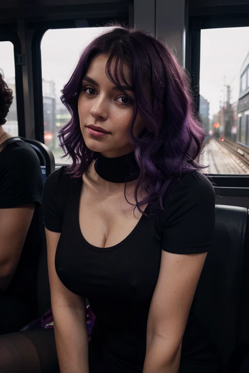 8K, topquality, ultradetail, european woman, chest size 7, lips closed, medium length curly bright purple hair, wearing a tight black dress, rides on the train, it's dark outside the train window, takes a selfie (view from bottom), looks directly into the camera