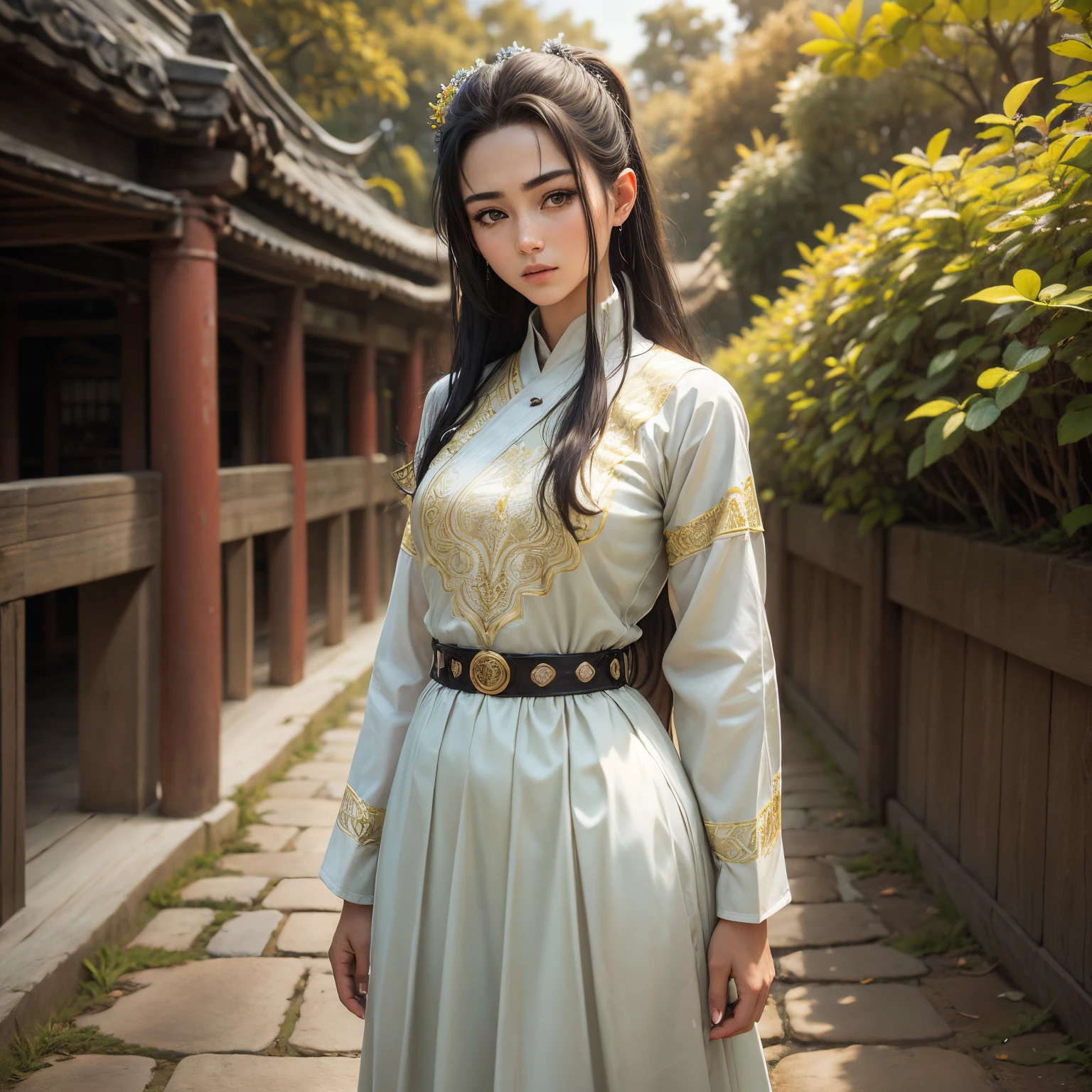 best quality,4k,8k,Altas,master part:1.2,Retratos,Menina chinesa,cultivo manhua,Manga style, corpo inteiro,belos olhos detalhados,beautiful detailed lips,olhos e rosto extremamente detalhados,long eyeslashes,vestido tradicional,serene expression,exuberante jardim verde,borboletas voadoras,templo antigo no fundo,pinceladas delicadas,Paleta de cores suave,natural lighting,pintura ultrafina,Realistic,Bokeh