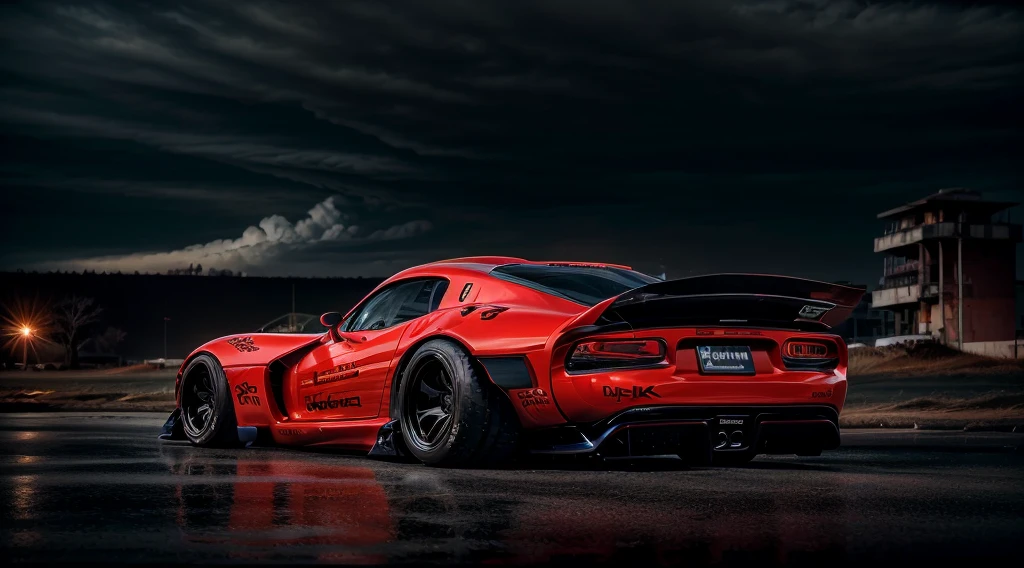 ((Dodge Viper GTS-R)), ((JonSibal design works Body Kit)), ((rear wing spoiler)), blacked out, ((bubblegum blue)), front bumper splitters, side skirts, flared wheel arches, (performance side exhaust) ((ominous looking)), (yellow racing alloy rims), ((lowered racing suspension)), high performance racing tyres, outdoor shot, post apocalyptic buildings((gloomy foggy evening)) Wide angle lens, Urban light night LUT, ensure perfect highlights, midtones and shadows, cgsociety, artstation, photorealistic, cinematic lighting, offset noise, Forza horizon 5 inspiration, ground shadows and reflections, 4k, inspired by dystopian cyberpunk, art by Hugo Silva designs, HDR studio light, {{supreme aerodynamics for maximum downforce}}, Capture One, 3ds max, corona renderer, perfectly coloured, jaw dropping, sensational, menacing look, ((headlights on, concrete backdrop)), 4k wallpaper, ((dusk scene)), sunset, high spec automotive concept art, reflective ground shadows, symmetrical design, CGI, moody and atmospheric, trending on artstation, behance contest winner, cgsociety, imaginative design and craftmanship, dark clouds with post apocalyptic style skies,