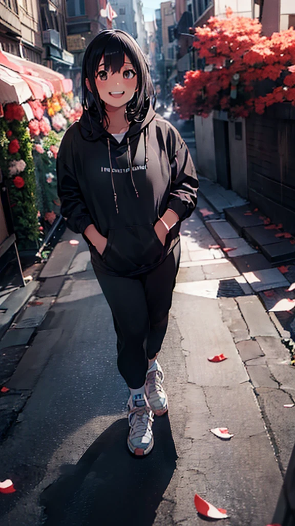 beautiful, masterpiece, best quality, extremely detailed face, perfect lighting, 1girl, hinata, hyuuga hinata, bangs, empty_eyes, black_hair, blunt_bangs, grey eyes, grey sleeves, headband_around_neck, highres, hime cut, hooded_cardigan, long sleeves, looking_at_viewer, petals, smile, solo, straight hair, upper body, hooded jacket, perfect body, 8k