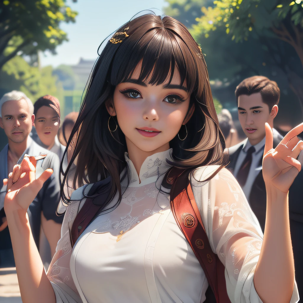 (Extremely detailed 8k wallpaper:2), (photo:2), (26 years old soigne Beautiful girl:2), (gives a lecture to friends:2), detailed (Face and eyes), (hyper realistic:1), (highly detailed:1), (epic realistic:1), rim light, (maximum details:1), cozy, (fullbody:1.3), (looking at viewer:2), (Woman's Attractive Qualities:2), (Attractive Woman:2), (Attractive:2), Smile, Intelligence, Empathy, Gracefulness, Sense of Style, Fitness, Grooming, Optimism, (Sensitivity:2), Sincerity, Romantic Gestures, Playfulness, Fashion Sense, (Sensuality:2), Charm, Modesty, Thoughtfulness, (Femininity:1), Flirtatiousness, Warmth, (Physical attractiveness:2), A beautiful smile, A love of life, strength and power, vulnerability, curiosity, wonder, love, (nature background:2), kawaii, waifu, Beautiful breasts, (attractive body:2), (Beautiful body:2), Beautiful pose, attractive pose, (Beautiful legs:1.0), (Beautiful clothes:1), (classic clothes:2), (elegant clothes:2), (European clothes:2), detailed clothes, (skirt:1), (blouse:1), (provocative pose)