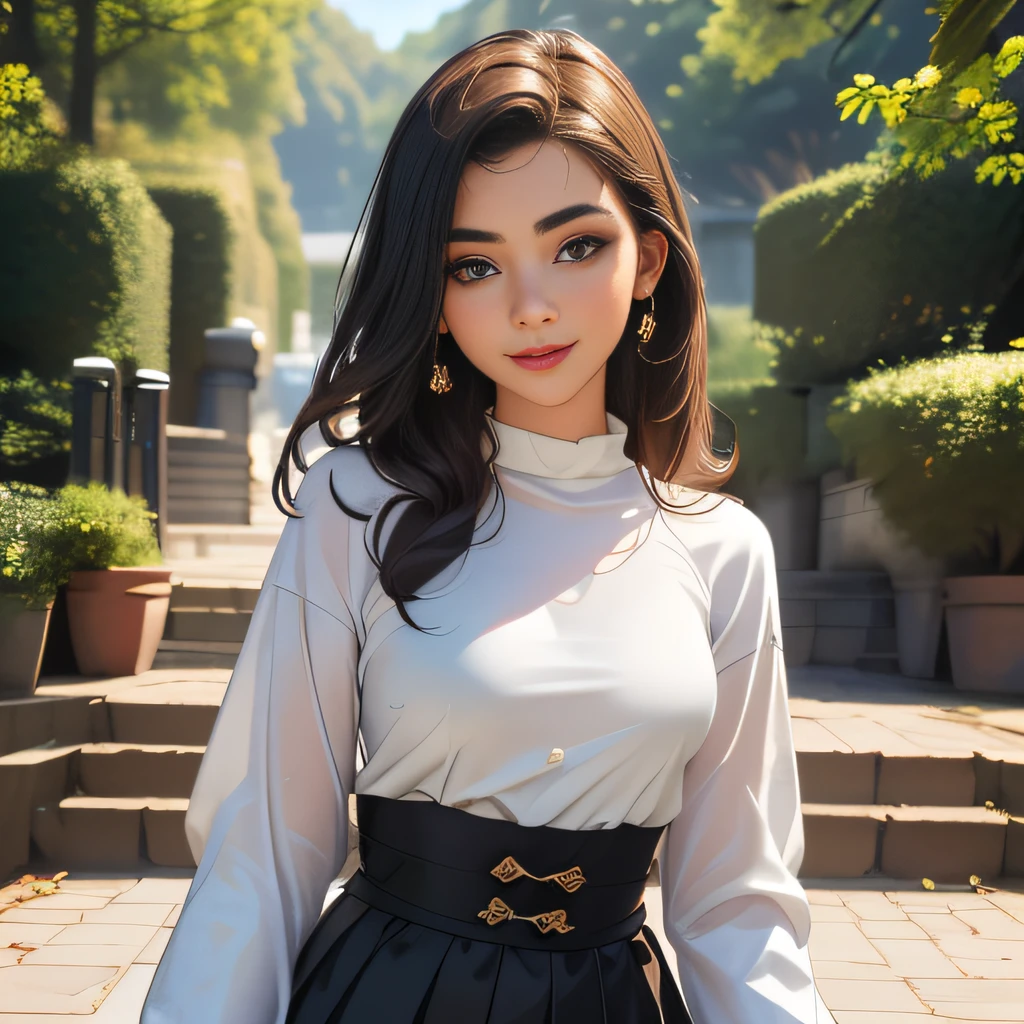 (Extremely detailed 8k wallpaper:2), (photo:2), (26 years old soigne Beautiful girl:2), (gives a lecture to friends:2), detailed (Face and eyes), (hyper realistic:1), (highly detailed:1), (epic realistic:1), rim light, (maximum details:1), cozy, (fullbody:1.3), (looking at viewer:2), (Woman's Attractive Qualities:2), (Attractive Woman:2), (Attractive:2), Smile, Intelligence, Empathy, Gracefulness, Sense of Style, Fitness, Grooming, Optimism, (Sensitivity:2), Sincerity, Romantic Gestures, Playfulness, Fashion Sense, (Sensuality:2), Charm, Modesty, Thoughtfulness, (Femininity:1), Flirtatiousness, Warmth, (Physical attractiveness:2), A beautiful smile, A love of life, strength and power, vulnerability, curiosity, wonder, love, (nature background:2), kawaii, waifu, Beautiful breasts, (attractive body:2), (Beautiful body:2), Beautiful pose, attractive pose, (Beautiful legs:1.0), (Beautiful clothes:1), (classic clothes:2), (elegant clothes:2), (European clothes:2), detailed clothes, (skirt:1), (blouse:1), (provocative pose)