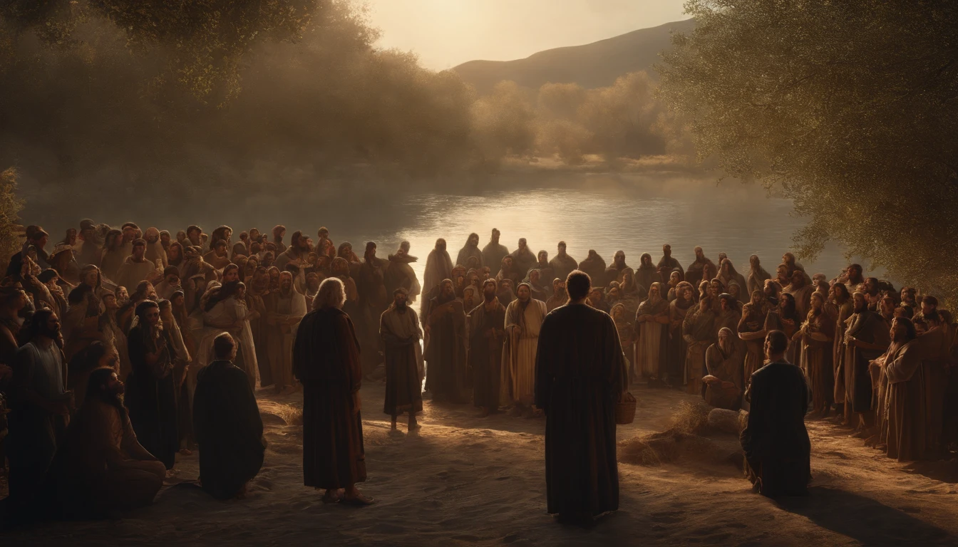 Generate an image that depicts John the Baptist preaching on the banks of the Jordan River, with a crowd of followers listening intently to his words.., perfect composition, beautiful detailed intricate insanely detailed octane render trending on artstation, 8 k artistic photography, photorealistic concept art, soft natural volumetric cinematic perfect light, chiaroscuro, award - winning photograph, masterpiece, oil on canvas, raphael, caravaggio, greg rutkowski, beeple, beksinski, giger