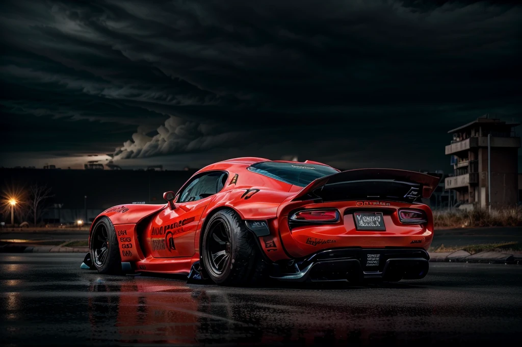 ((Dodge Viper GTS-R)), ((JonSibal design works Body Kit)), ((rear wing spoiler)), blacked out, ((bubblegum blue)), front bumper splitters, side skirts, flared wheel arches, (performance side exhaust) ((ominous looking)), (yellow racing alloy rims), ((lowered racing suspension)), high performance racing tyres, outdoor shot, post apocalyptic buildings((gloomy foggy evening)) Wide angle lens, Urban light night LUT, ensure perfect highlights, midtones and shadows, cgsociety, artstation, photorealistic, cinematic lighting, offset noise, Forza horizon 5 inspiration, ground shadows and reflections, 4k, inspired by dystopian cyberpunk, art by Hugo Silva designs, HDR studio light, {{supreme aerodynamics for maximum downforce}}, Capture One, 3ds max, corona renderer, perfectly coloured, jaw dropping, sensational, menacing look, ((headlights on, concrete backdrop)), 4k wallpaper, ((dusk scene)), sunset, high spec automotive concept art, reflective ground shadows, symmetrical design, CGI, moody and atmospheric, trending on artstation, behance contest winner, cgsociety, imaginative design and craftmanship, dark clouds with post apocalyptic style skies,